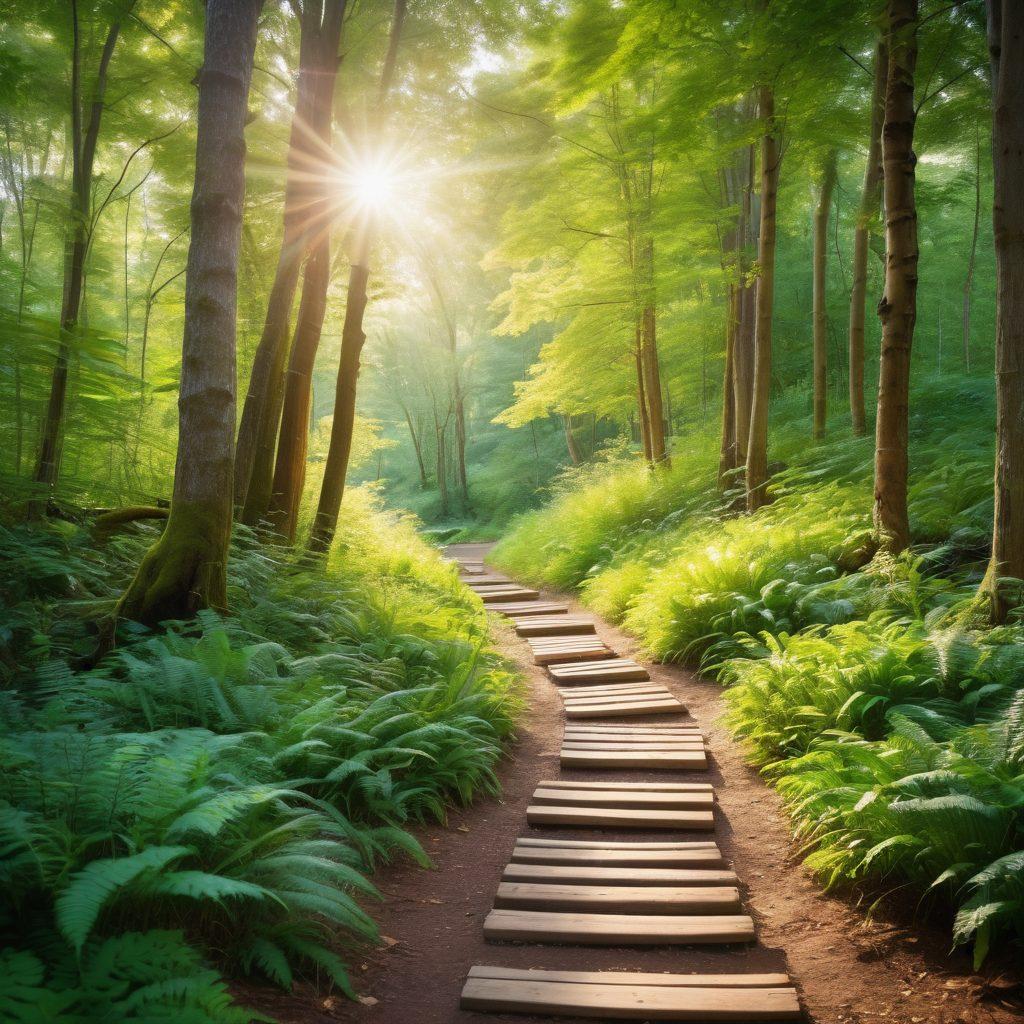 A serene pathway through a lush forest symbolizing the journey from diagnosis to wellness. Include signposts along the path representing different treatment options like therapy, medication, and holistic approaches, with sunlight filtering through the trees creating a hopeful atmosphere. Incorporate a diverse group of people walking together, sharing smiles and support. vibrant colors. soft focus. nature-inspired.