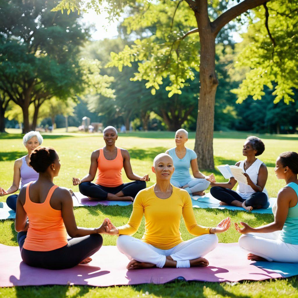 A serene scene of a diverse group of cancer survivors enjoying a sunny park, engaging in supportive conversations, practicing yoga, and sharing healthy meals. Elements like comforting books, wellness tools, and soft nature elements should be present, symbolizing hope and healing. Bright colors and uplifting symbols like butterflies signify transformation and resilience. super-realistic. vibrant colors. soft focus.